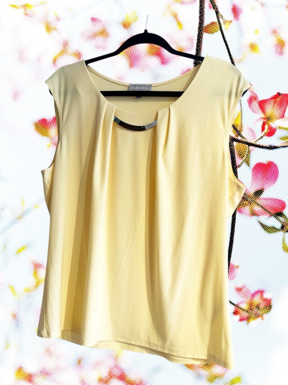Laura Sleeveless Yellow Pleated Neck Top w/Necklace Bar!!! Plus Size XXL
